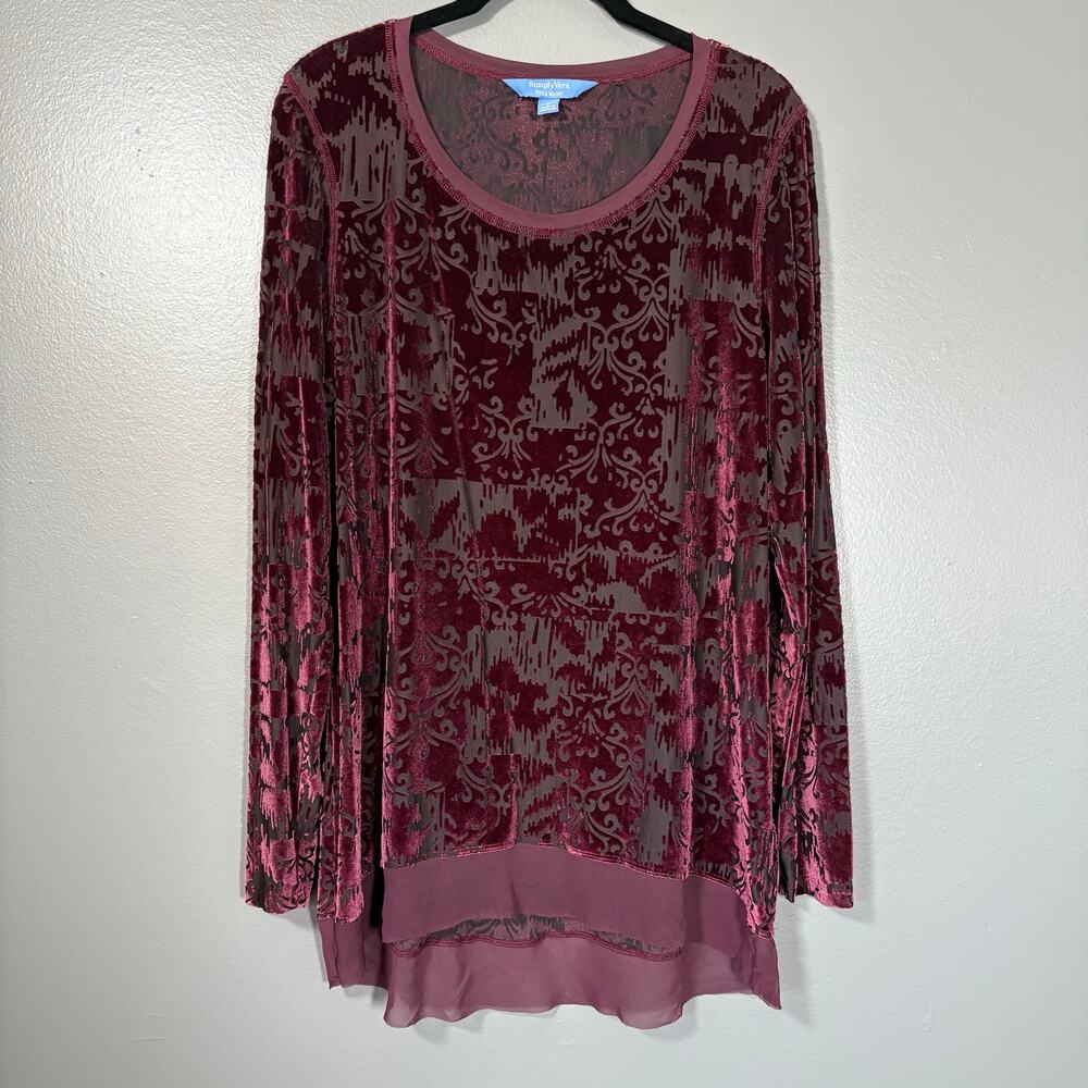 Simply Vera Women's Whimsygoth Burgundy Burnout Velvet Top - Large - Oversized